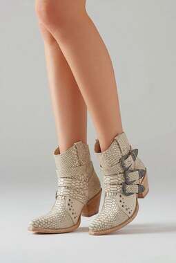 freebird Beige Snake-Embossed Buckle Ankle Boots